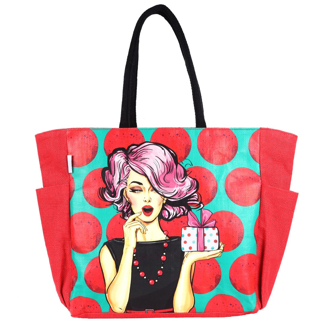 Pop Jute Tote Bag : Polka Red