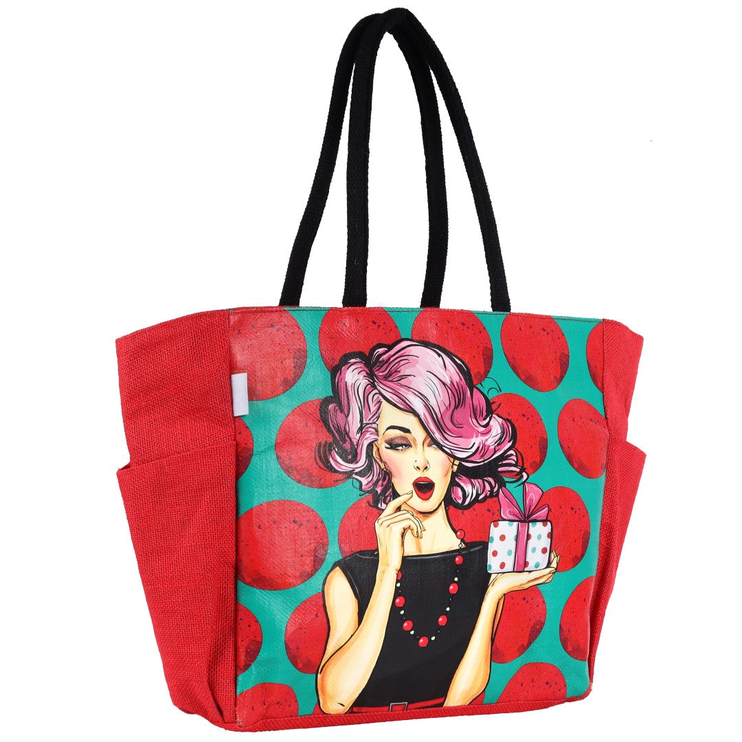 Pop Jute Tote Bag : Polka Red